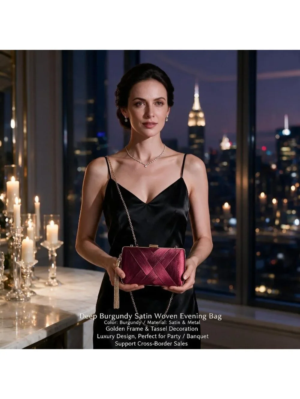 Women's Claret Silk Satin Clutch Purse Pearl Tassel With Chain Evening Bag